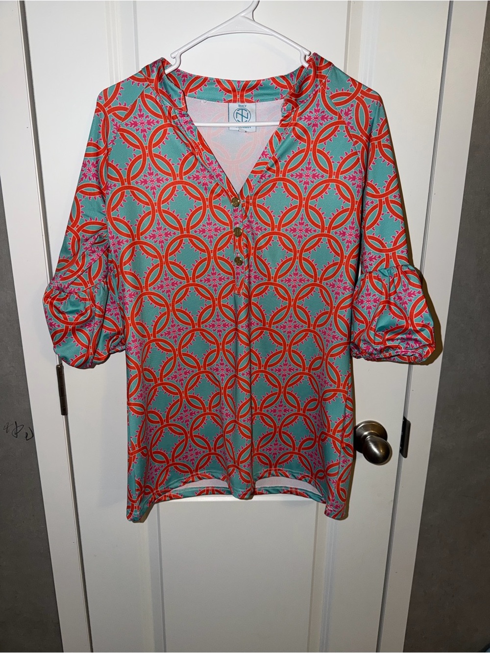 Tracy Negoshian Teal & Coral Geometric V-Neck Tunic